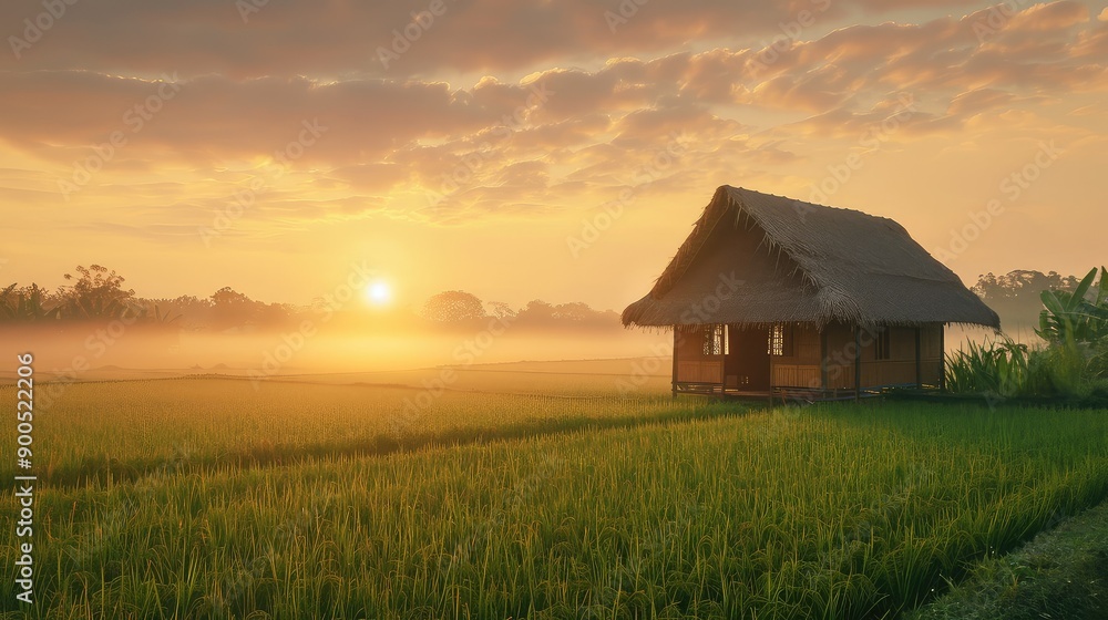 Beautiful sunrise over a serene rural landscape featuring a traditional wooden hut amidst lush green fields, exuding a peaceful and tranquil atmosphere. Beautiful sunrise over a serene rural landscape featuring a traditional wooden hut amidst lush green fields, exuding a peaceful and tranquil atmosphere.
