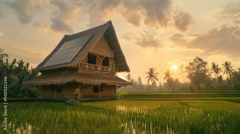 Beautiful traditional wooden house in a serene rice field at sunset, surrounded by lush greenery and palm trees.