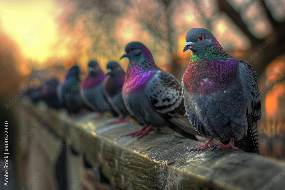 Fototapeta premium A group of pigeons perched on a wooden fence, great for illustrations or photography projects