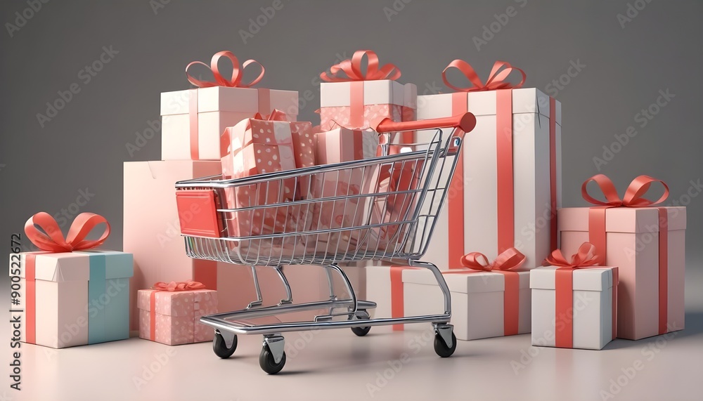 3d rendering of promotion sale with gift boxes , Shopping cart , coupon and Shopping bag on minimal background.