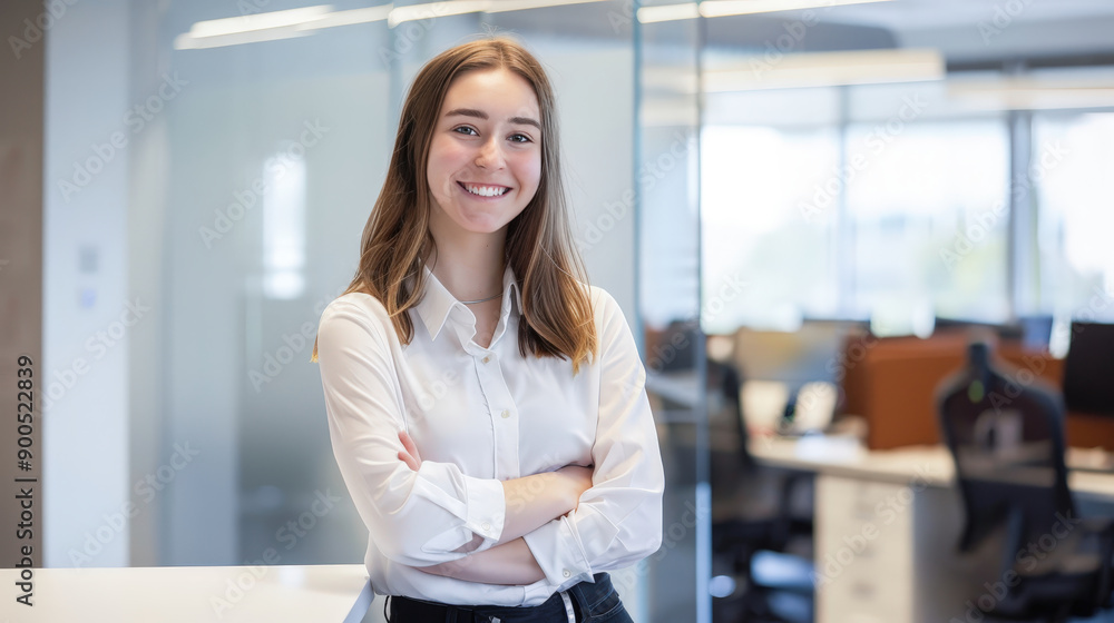 Smiling Businesswoman Standing with Arms Crossed in Office Smiling Businesswoman Standing with Arms Crossed in Office