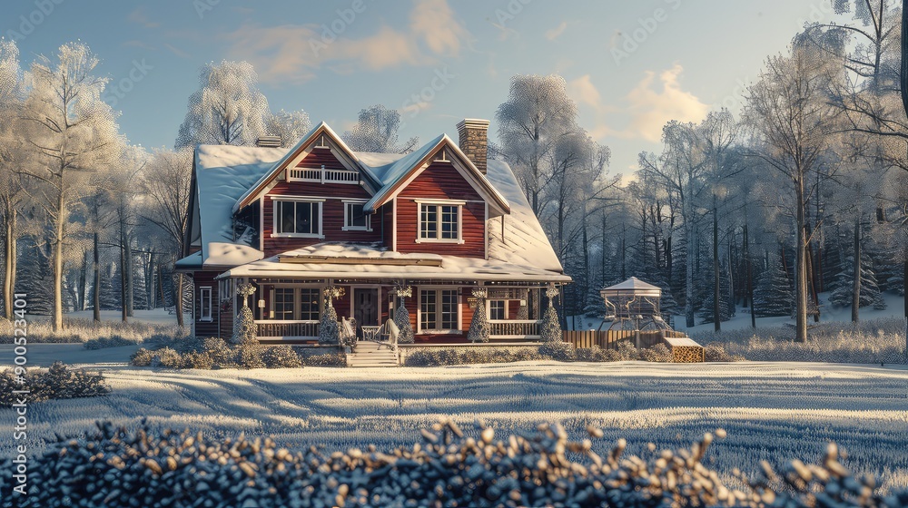 Charming red house in a snow-covered winter landscape, surrounded by trees and a peaceful, serene atmosphere. Ideal for holiday themes. Charming red house in a snow-covered winter landscape, surrounded by trees and a peaceful, serene atmosphere. Ideal for holiday themes.