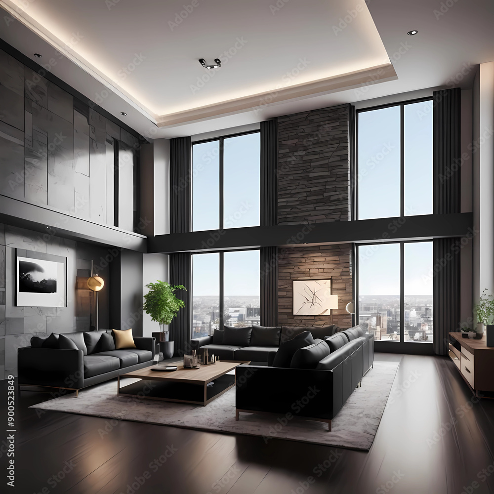 Fototapeta premium Modern interior of a living room. Penthouse Loft with dark stone walls (3d Rendering)