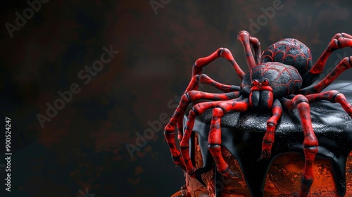 Creepy spider shaped Halloween cake on black background with blank area for text photo