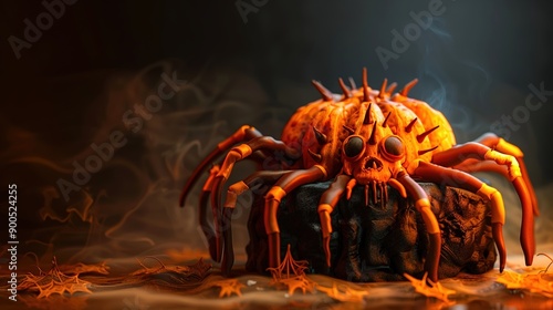 Creepy big orange spider shaped Halloween cake on black background with blank area for text photo