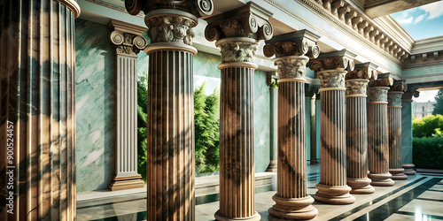 A row of Corinthian columns with ornate capitals and fluted shafts against a veined marble wall, bathed in warm, natural light. - Generative AI photo