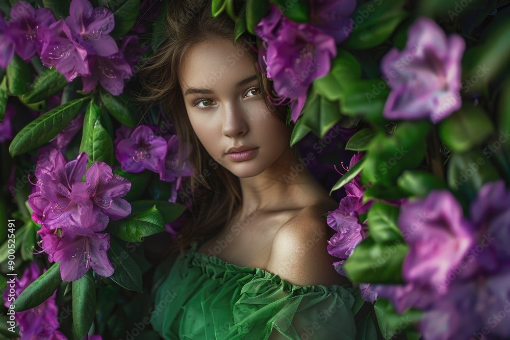A woman wearing a green dress surrounded by vibrant purple flowers A woman wearing a green dress surrounded by vibrant purple flowers