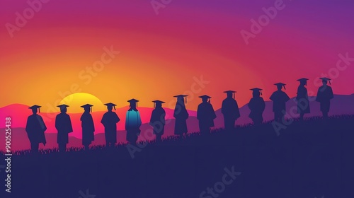 Silhouettes of students with graduate caps in a row on panoramic sunset background. Graduation ceremony at university web banner. 