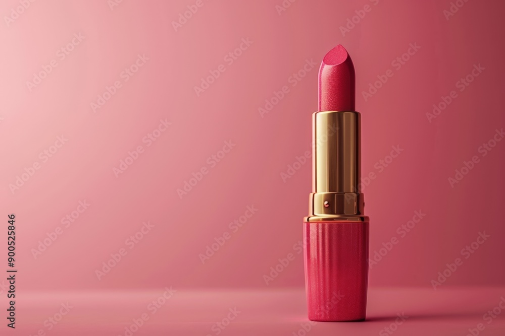 A vibrant pink lipstick with a gold case, standing against a matching pink background. A vibrant pink lipstick with a gold case, standing against a matching pink background.