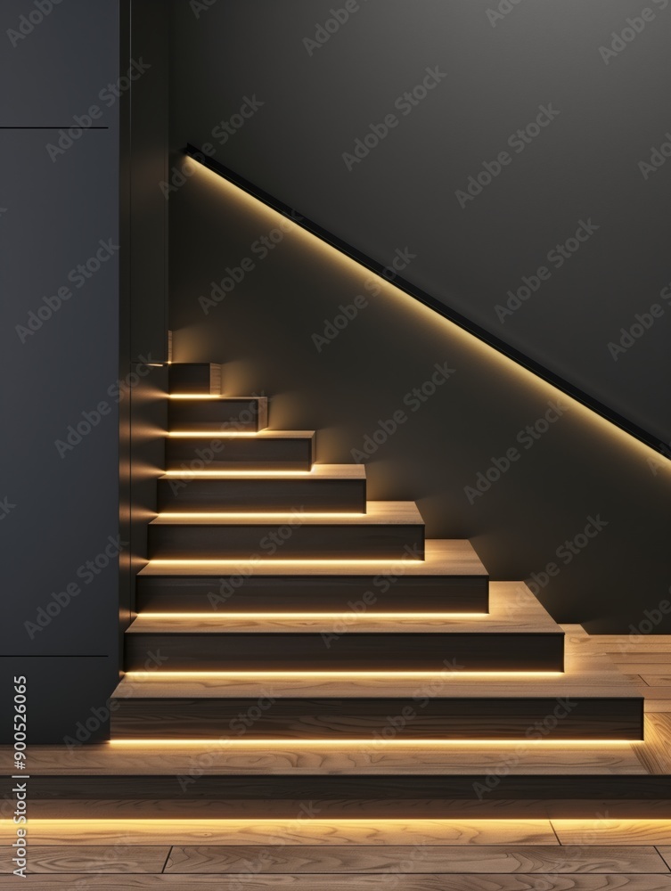 Obraz premium Sleek Contemporary Staircase with Black Railing and Warm Wooden Steps in Modern Home Interior with Minimalist Decor, Enhanced with Hyper-Realistic Lighting