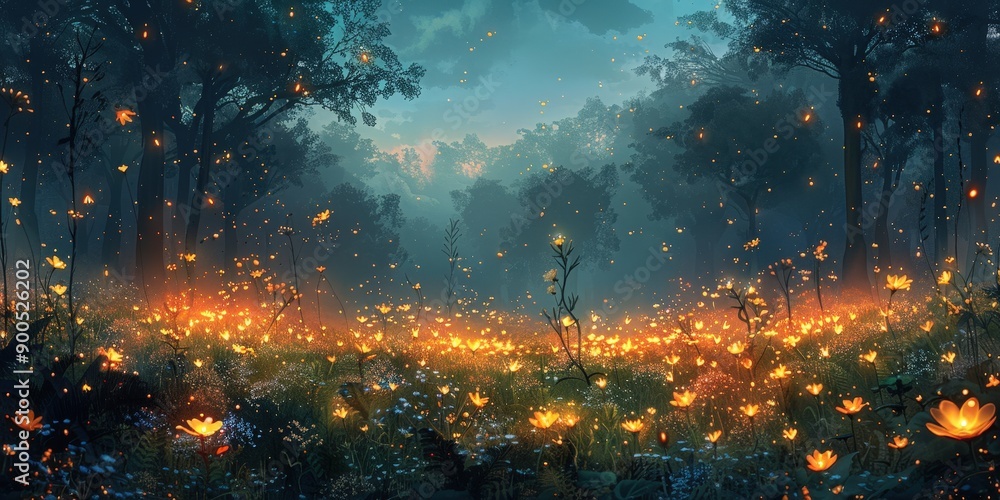 Fototapeta premium Enchanted Firefly Forest Landscape at Twilight