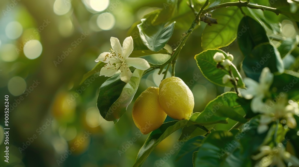 Fresh lemons hanging from a tree branch, ready for picking or use in recipes Fresh lemons hanging from a tree branch, ready for picking or use in recipes