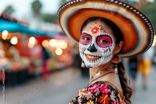 Woman with skull face design. Carnival make up. Katrina. Symbol of Day of the Dead. Celebration of Remembrance Day. Dia de muretos. photo