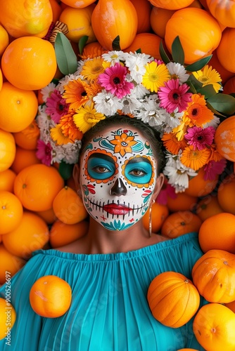 Woman with skull face design. Carnival make up. Katrina. Symbol of Day of the Dead. Celebration of Remembrance Day. Dia de muretos. photo