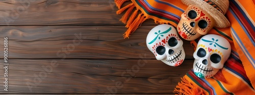 Background with sugar mexican skull and flowers. Symbol of day of the dead. Celebration of memorial day. Dia de muretos. photo