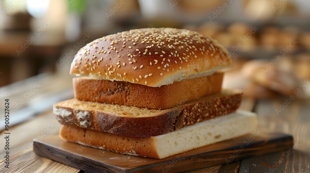 Three slices of bread, on wood planks background. Three slices of bread, on wood planks background.