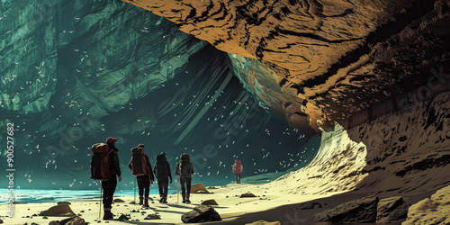 Underground Expedition: A group of explorers descending into a deep, unexplored cave