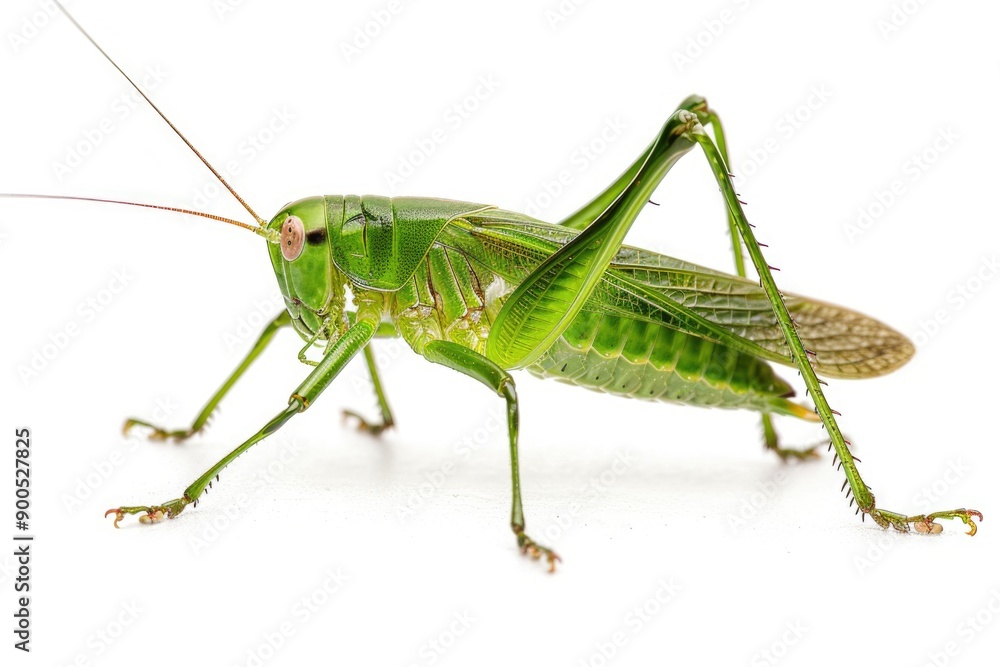 A small green grasshopper perched on a white background, waiting to be noticed A small green grasshopper perched on a white background, waiting to be noticed