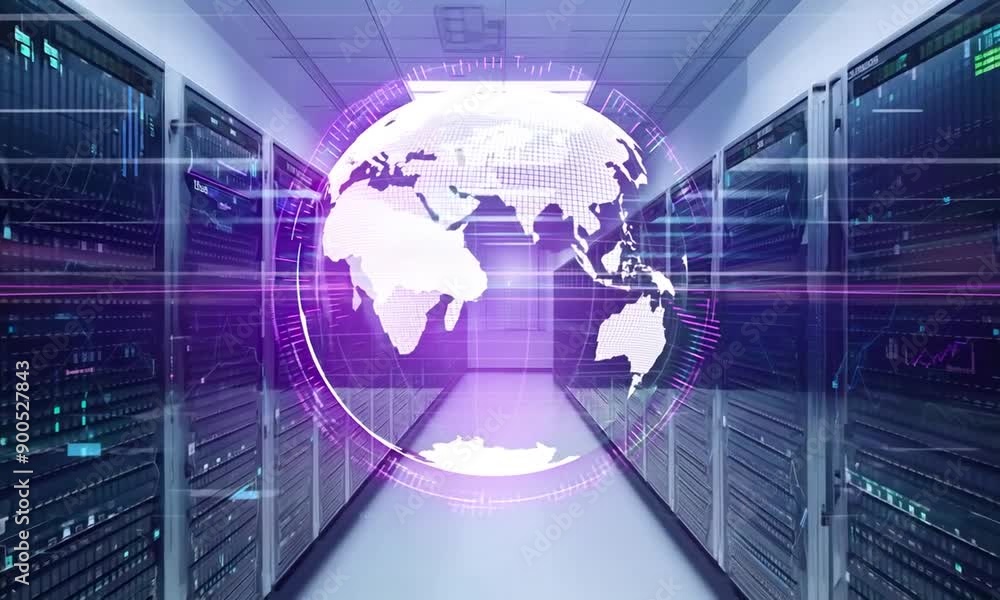 Global Network Hub: A futuristic data center with rows of servers and a glowing Earth hologram, symbolizing global connectivity and digital infrastructure. Global Network Hub: A futuristic data center with rows of servers and a glowing Earth hologram, symbolizing global connectivity and digital infrastructure.