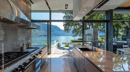 Modern kitchen with a frameless floor-to-ceiling lake-view window 