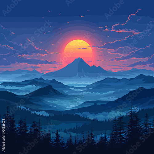 Tranquil summer sunset over a mountain silhouette vector illustration