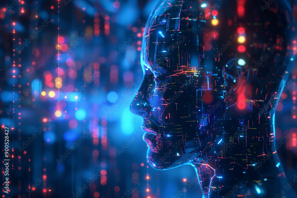 A digital illustration of an abstract face set against a vibrant background, representing the concept of artificial intelligence A digital illustration of an abstract face set against a vibrant background, representing the concept of artificial intelligence