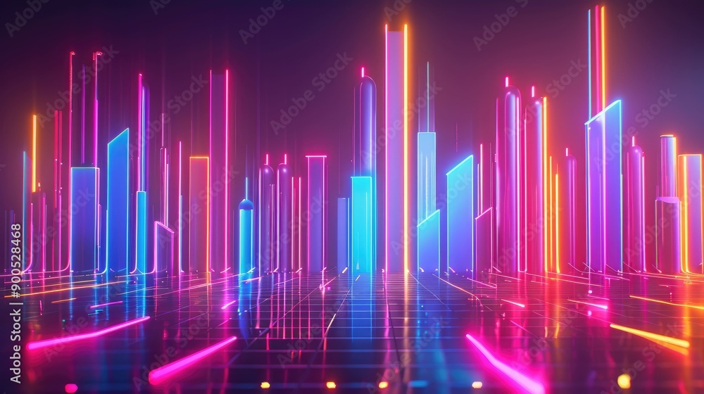 Neon Cityscape with Geometric Structures and Reflections Neon Cityscape with Geometric Structures and Reflections