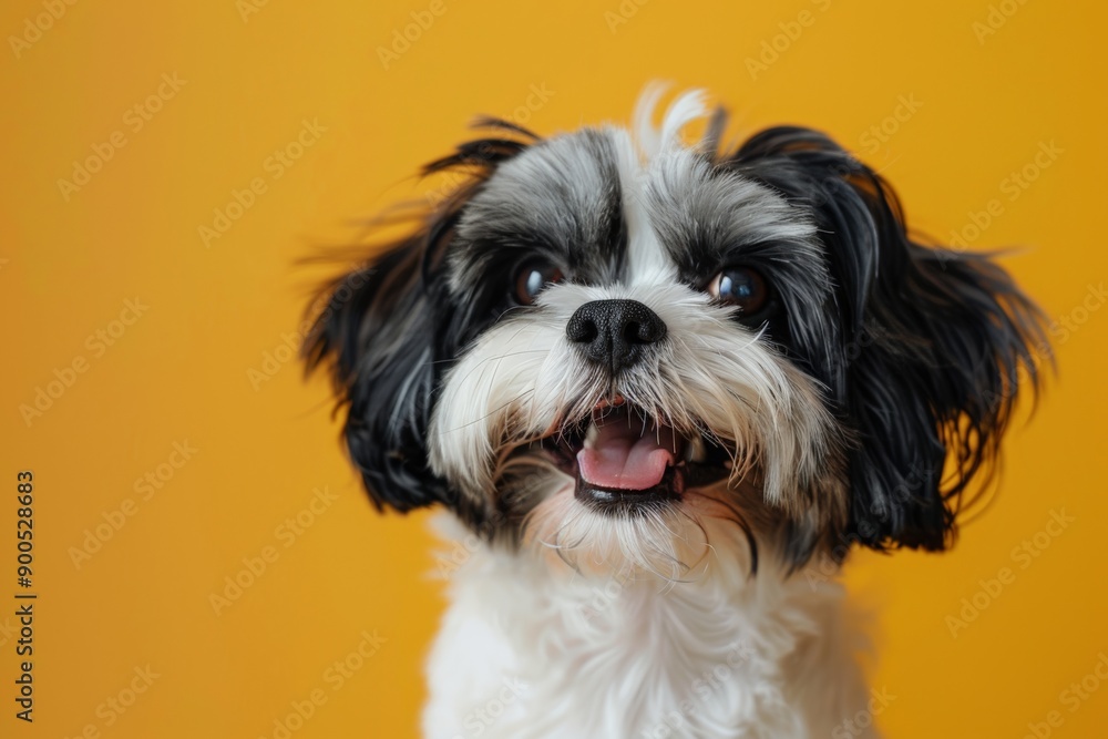 Adorable small dog with fluffy fur, looking happy against a bright yellow background.