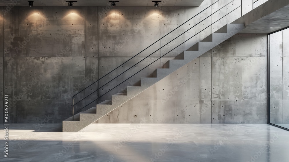 Obraz premium Urban Chic Industrial Staircase with Concrete Steps and Iron Railing in Ambient Light