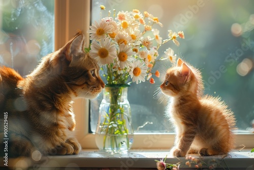 Ginger cat and kitten sitting by a window with a vase of yellow flowers, enjoying the sunlight.