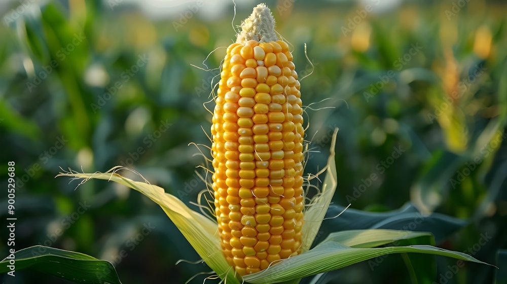 Obraz premium Ears of corn on natural, Fresh corn on tree with sunlit background, Close-Up of corn on tree in nature.