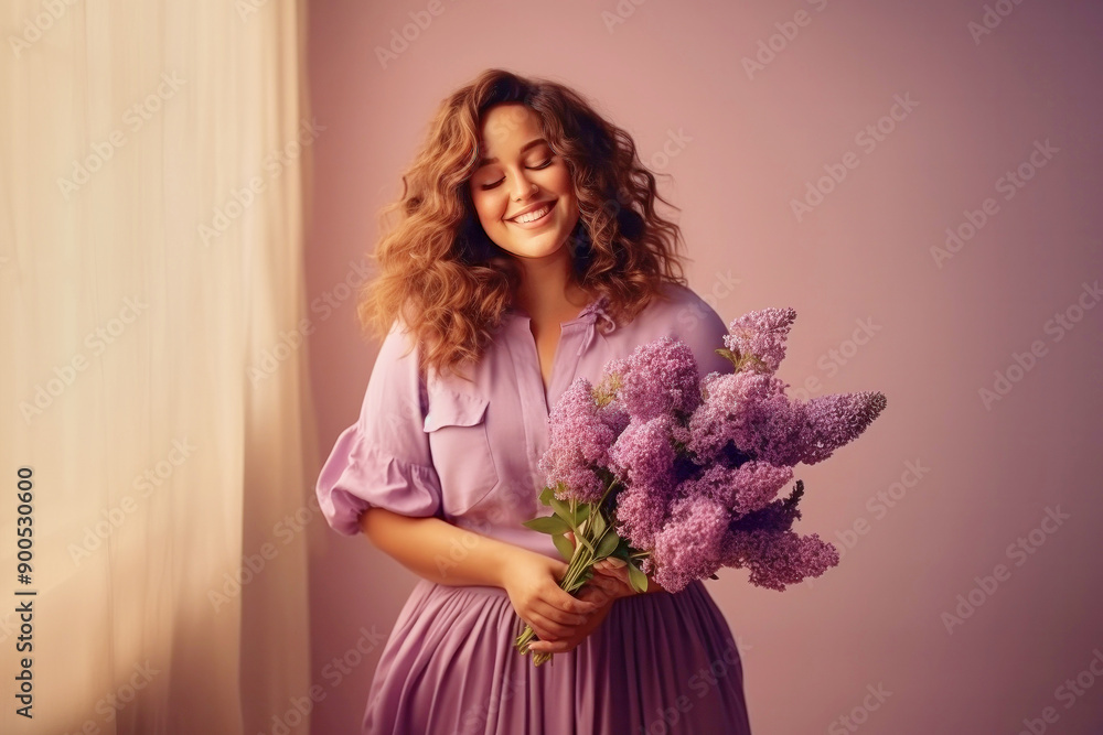 Women's Day celebration. Fat plump beautiful attractive satisfied cheerful cute smiling woman with flowers Women's Day celebration. Fat plump beautiful attractive satisfied cheerful cute smiling woman with flowers