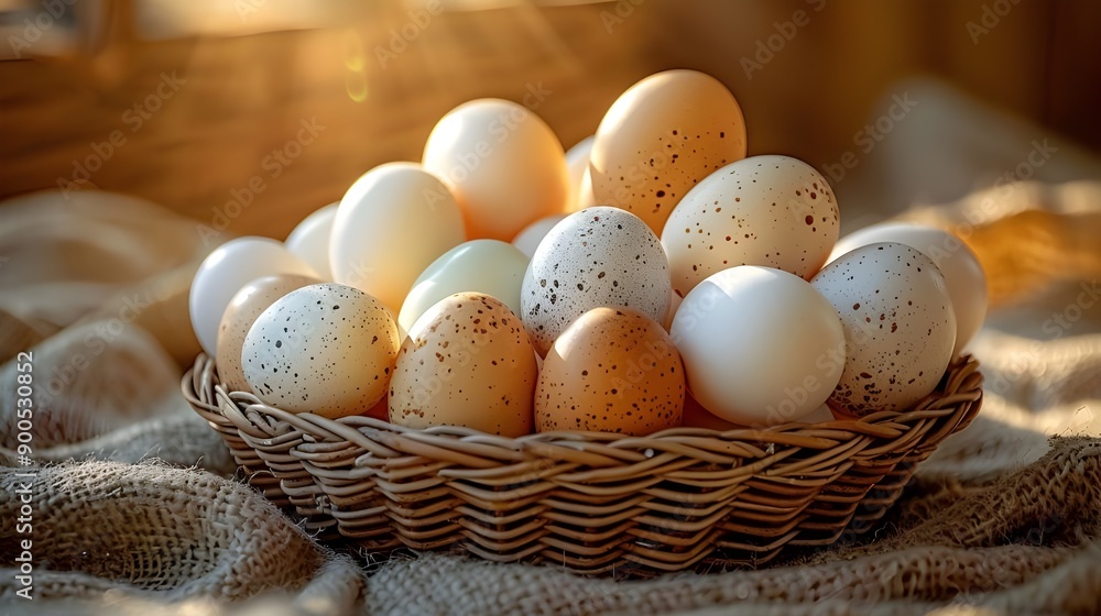 Farm fresh eggs in basket, Assorted eggs in basket on cozy background Farm fresh eggs in basket, Assorted eggs in basket on cozy background