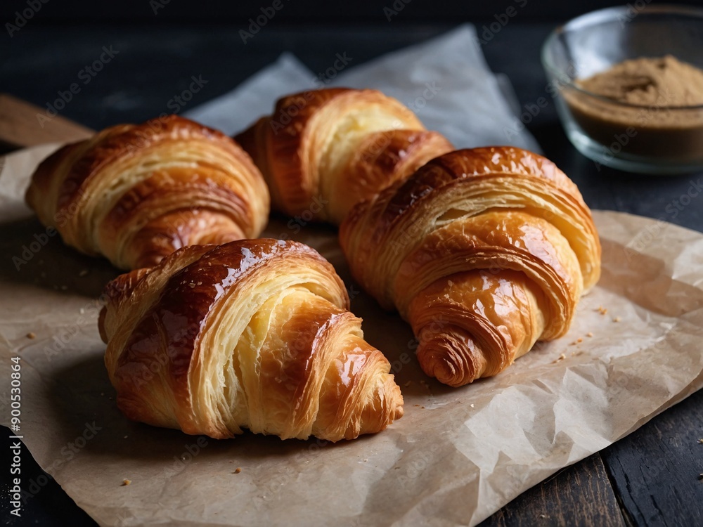 Studio photo of flaky French croissants, top puff pastry dessert Studio photo of flaky French croissants, top puff pastry dessert