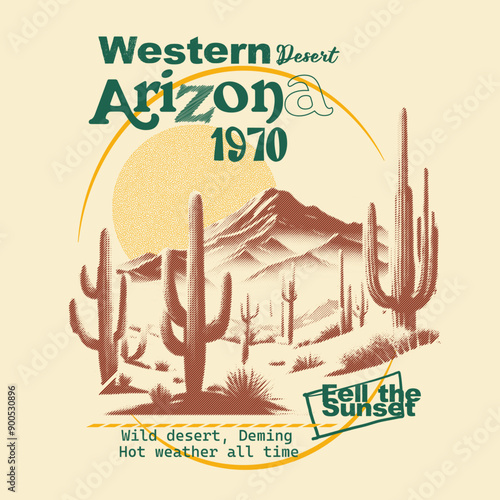
hand drawn and hand writing Western Desert Arizona vector graphics illustration, desert t-shirt print design, its summer print, typography slogan text artwork, abstract vector, nature sunset