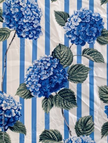 a vintage wallpaper pattern featuring blue and white vertical stripes, there are hydrangeas on the white stripes also patterned vertically