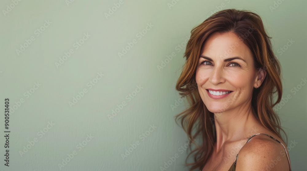 Portrait of a Radiant Middle Age Woman with a Sweet Demure Smile and Elegant Style, Long Brown Hair, Green wall with copy space Portrait of a Radiant Middle Age Woman with a Sweet Demure Smile and Elegant Style, Long Brown Hair, Green wall with copy space