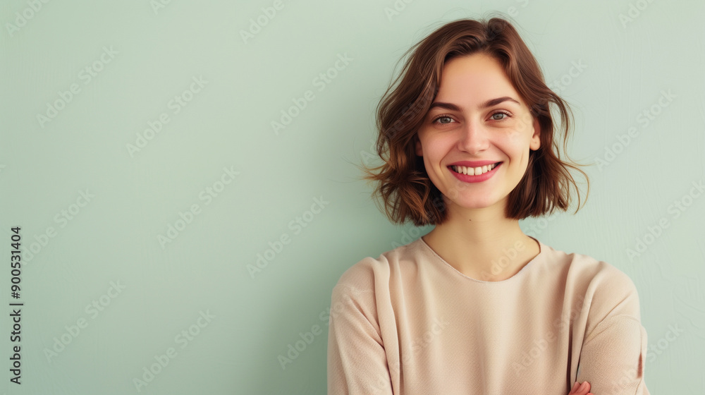 Portrait of a Radiant 30 year old Woman with a Sweet Demure Smile and Elegant Style, Short Brown Hair, Green wall with copy space Portrait of a Radiant 30 year old Woman with a Sweet Demure Smile and Elegant Style, Short Brown Hair, Green wall with copy space