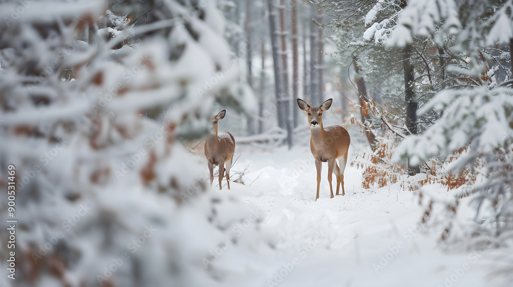Fototapeta premium Majestic deer gracefully roam through a peaceful winter forest blanketed in pristine white snow.