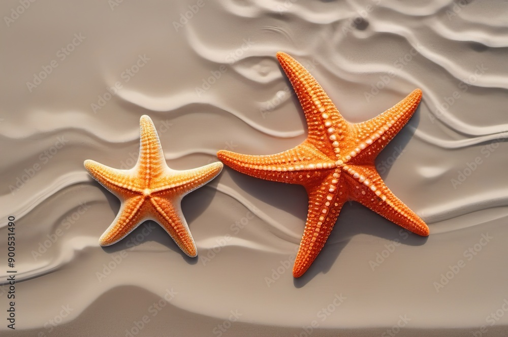Two starfish on the beach, viewed from above. Two starfish on the beach, viewed from above.