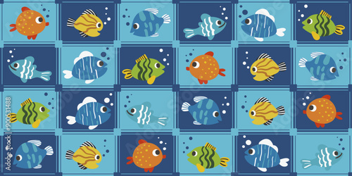 Marine tile pattern of fish, each tile has its own fish. Stylish fish pattern.