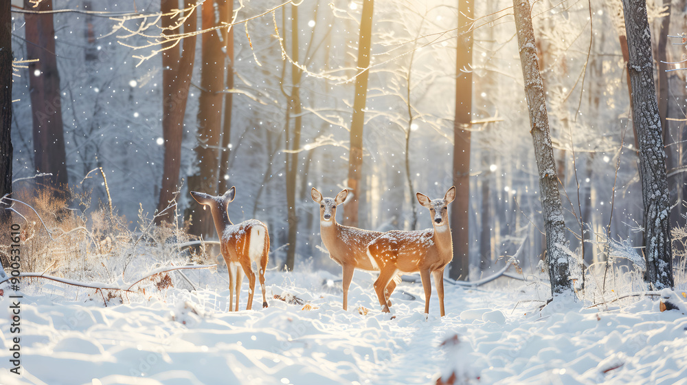 Fototapeta premium Majestic deer peacefully roam through a snowy forest, captured in a raw natural style photo.
