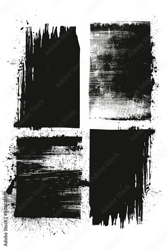 Four different black and white paint strokes on a surface Four different black and white paint strokes on a surface