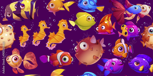 Background of fish, colorful and stylish. Cartoon fish are bright and have eyes. Seamless background on a marine theme.