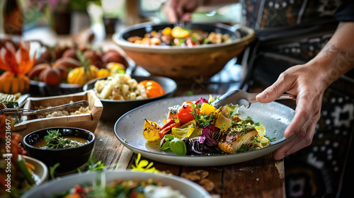 a person serving traditional Thanksgiving dishes onto a plate, with a variety of foods visible on the table