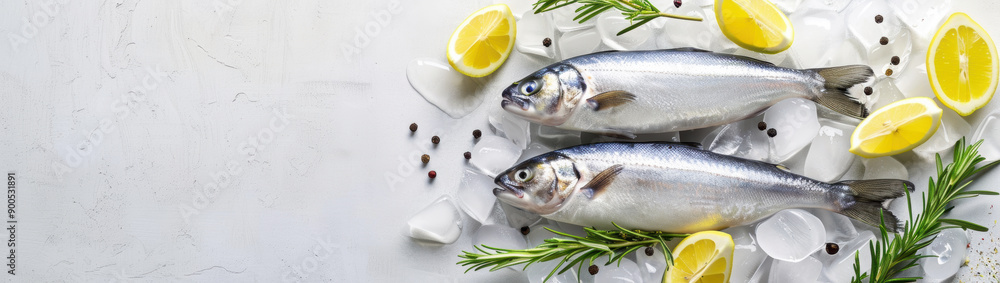 White background with space for text, fish on ice and lemon slices, herbs and spices, banner format, top view White background with space for text, fish on ice and lemon slices, herbs and spices, banner format, top view