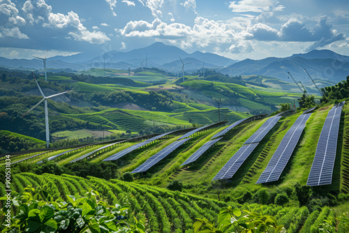 Green Energy Landscape: Solar Panels and Wind Turbines in Rolling Hills