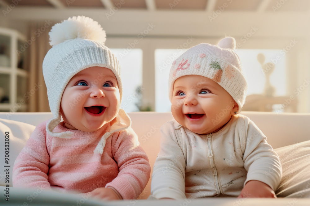 Cute funny adorable little infant twins babies