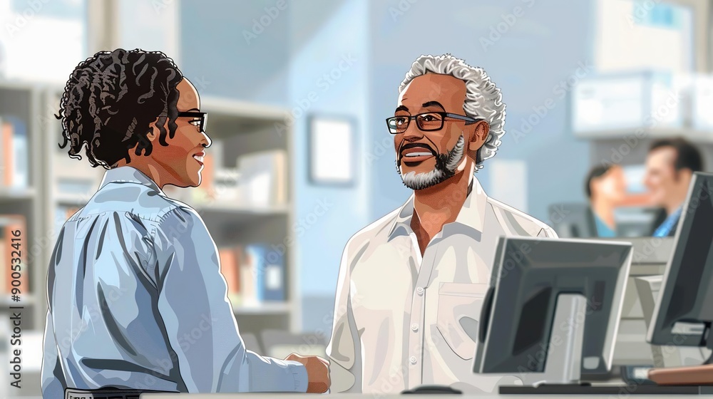 Illustration of Two People Talking in an Office Setting Illustration of Two People Talking in an Office Setting