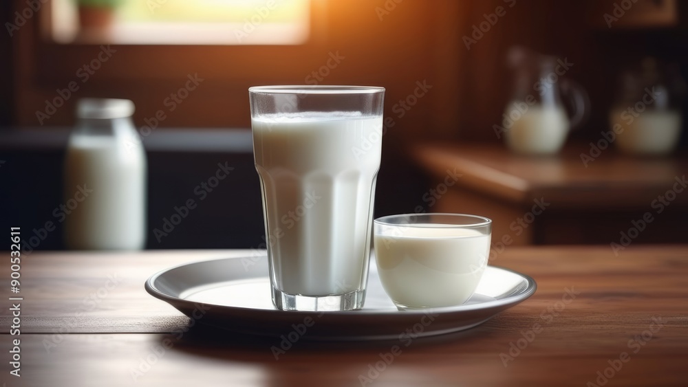 Glass and bowl of milk on wooden table in cozy kitchen setting. Glass and bowl of milk on wooden table in cozy kitchen setting.